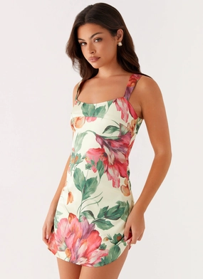 Odette Satin Mini Dress - Yellow Floral Dreamy Drape