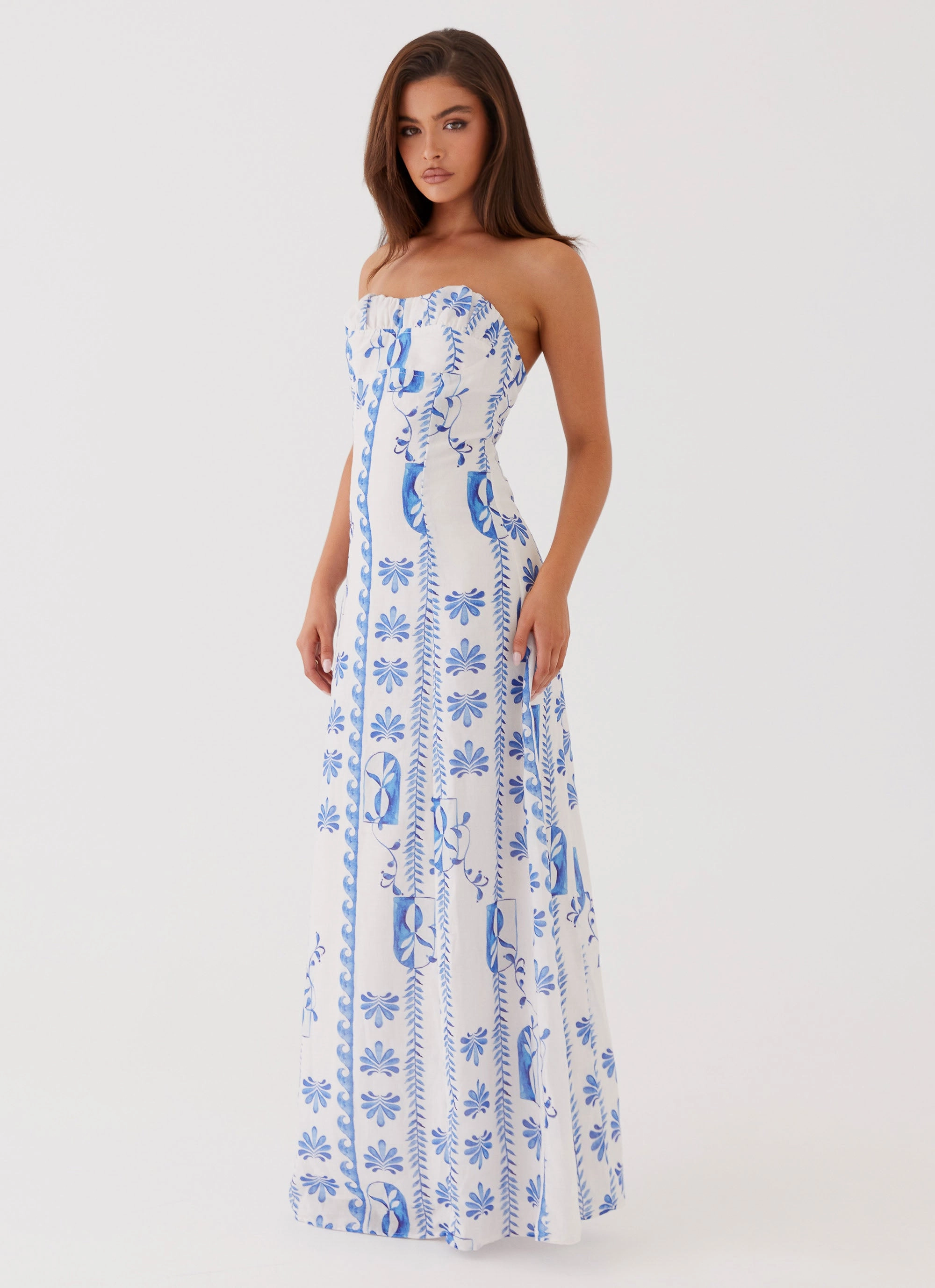 Tayla Linen Maxi Dress - Floral Wave Empire Waist Satin Layers