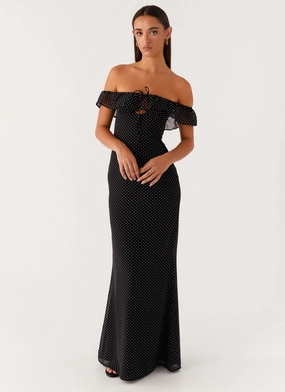 Elegant Layers Timeless Energy Scarlet Cherry Maxi Dress - Black Polka Dot