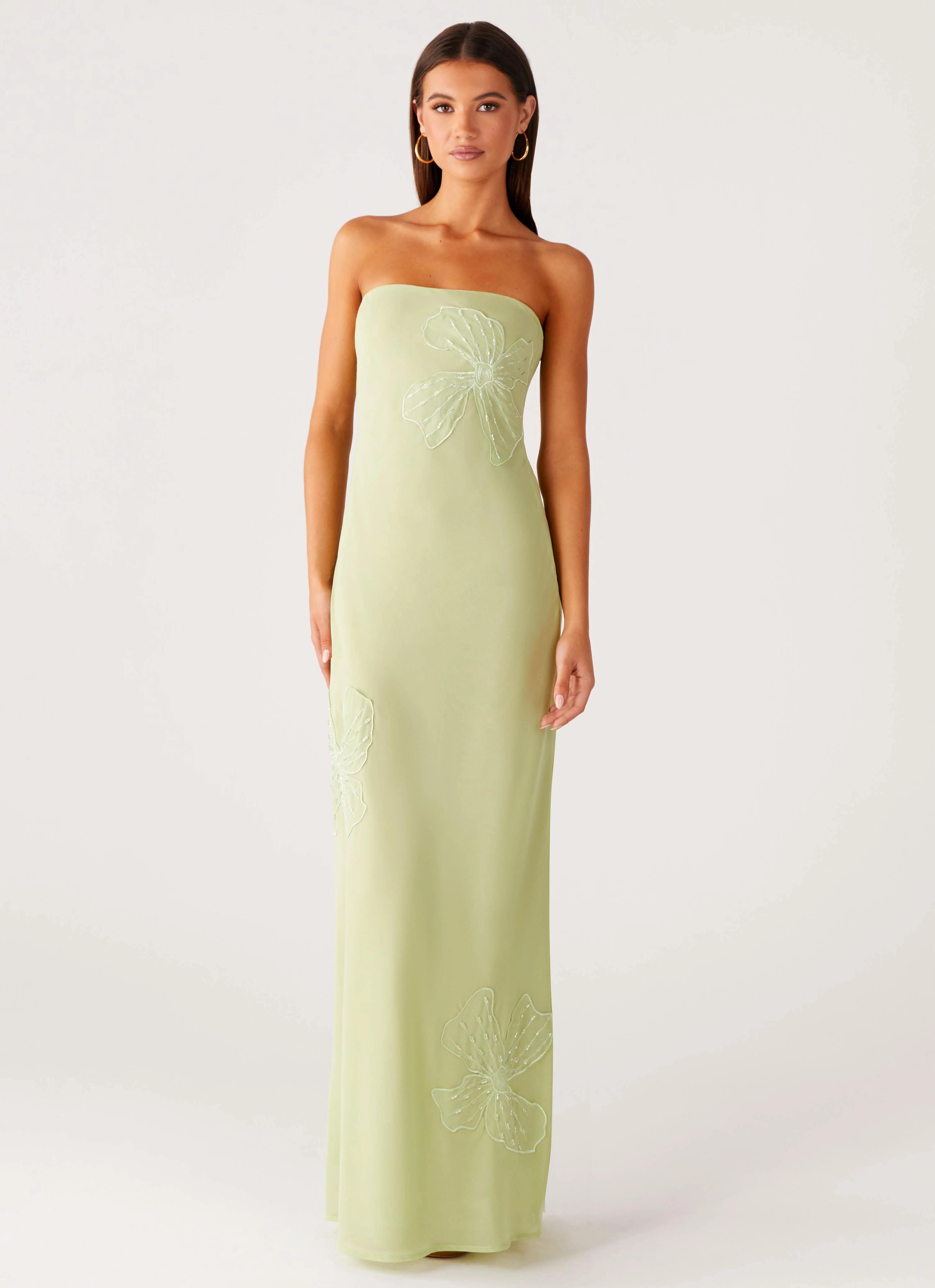 Poised Vibe Sassafras Beaded Flower Strapless Maxi Dress - Lime