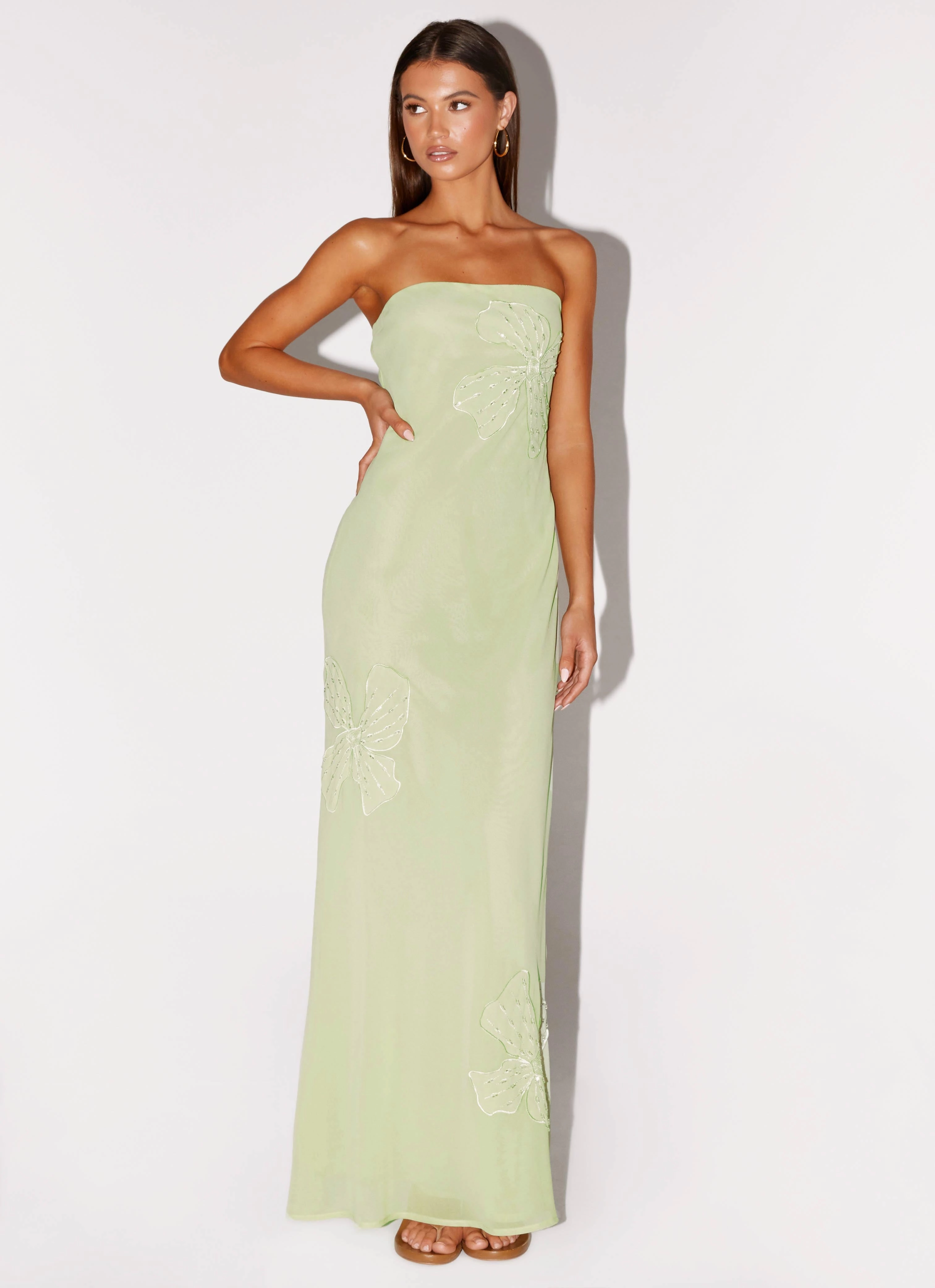 Sassafras Beaded Flower Strapless Maxi Dress - Lime Elegant Line