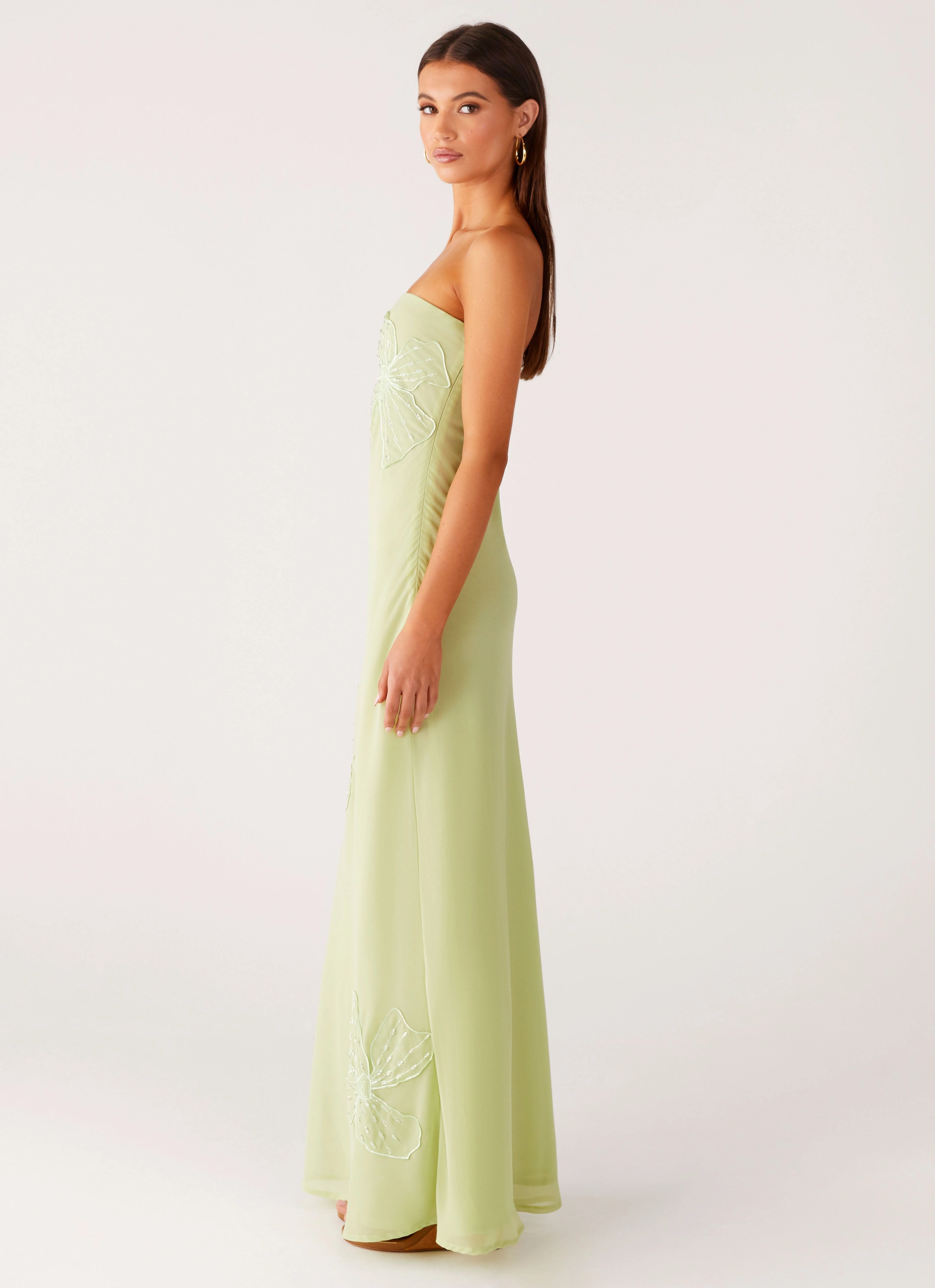 Clasp-Closure Sassafras Beaded Flower Strapless Maxi Dress - Lime