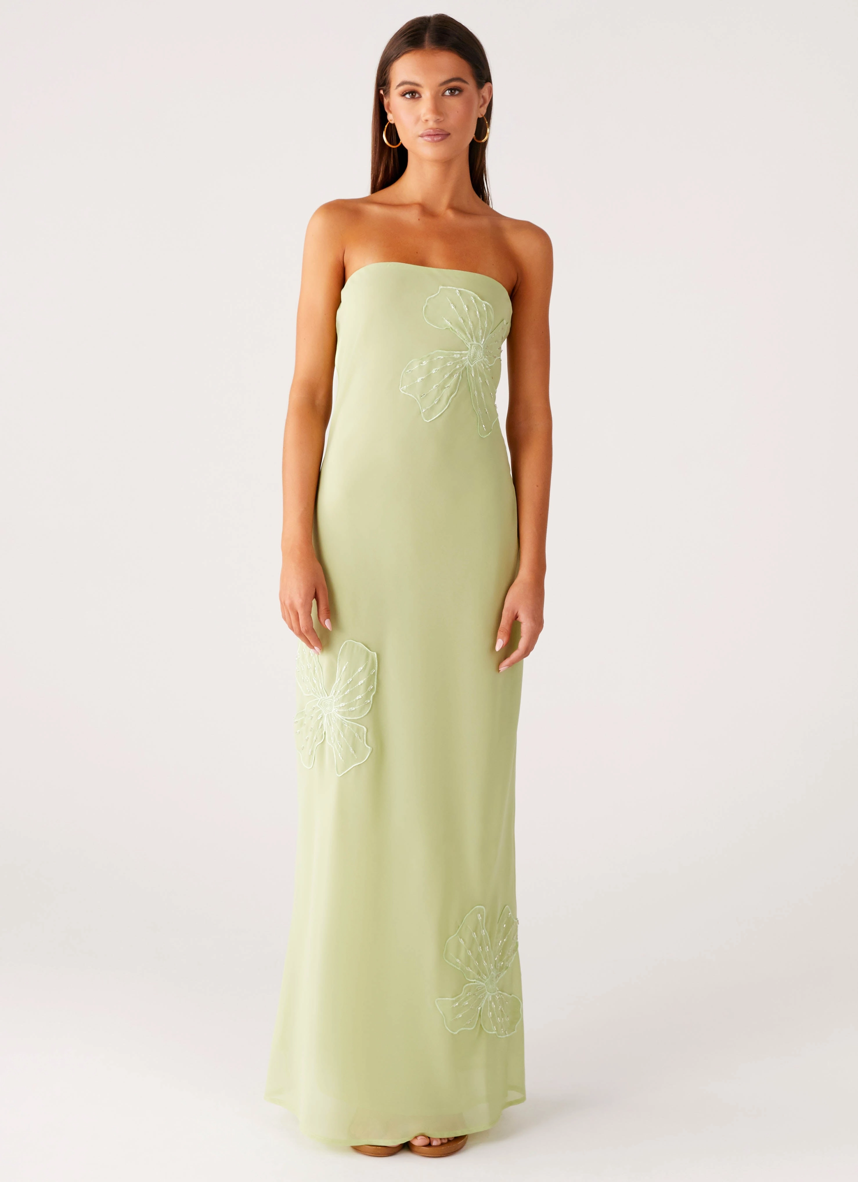 Sassafras Beaded Flower Strapless Maxi Dress - Lime Satin-Edge