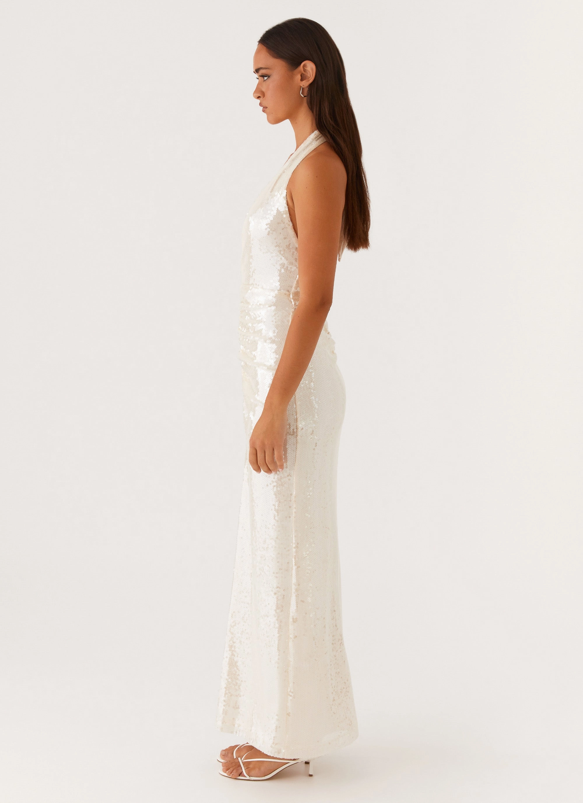 Whisked Away Halterneck Maxi Dress - White Flow Line Soft Composition