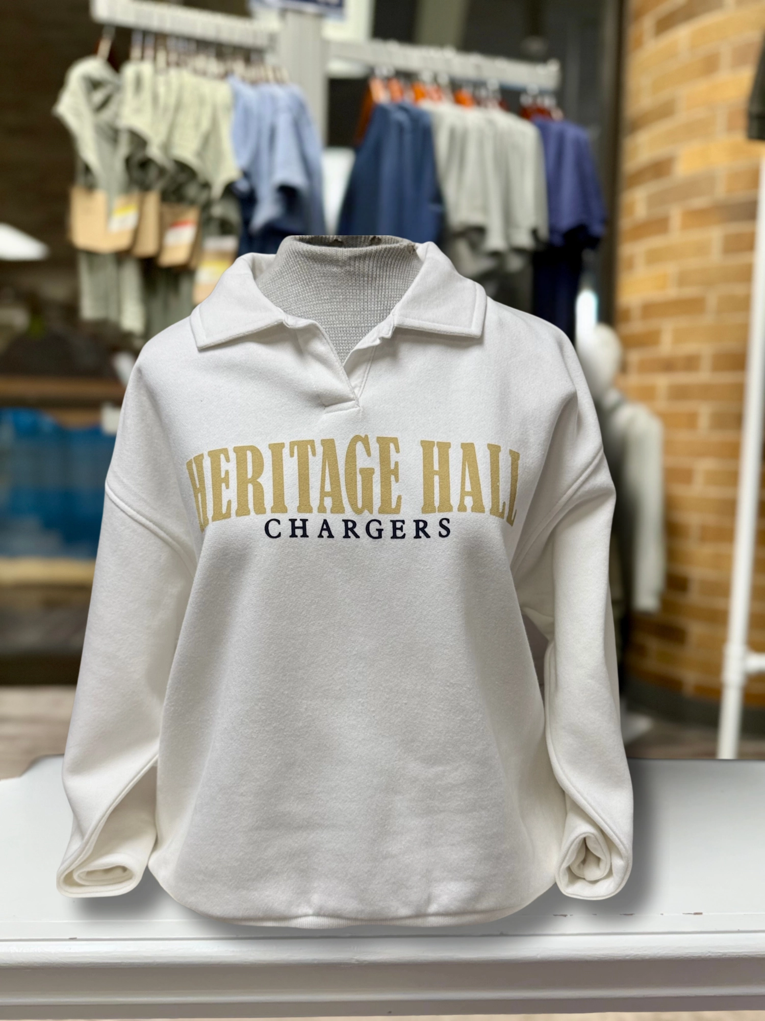 Women's collared sweatshirt, white, Heritage Hall gold Pastel Shade product running suitability