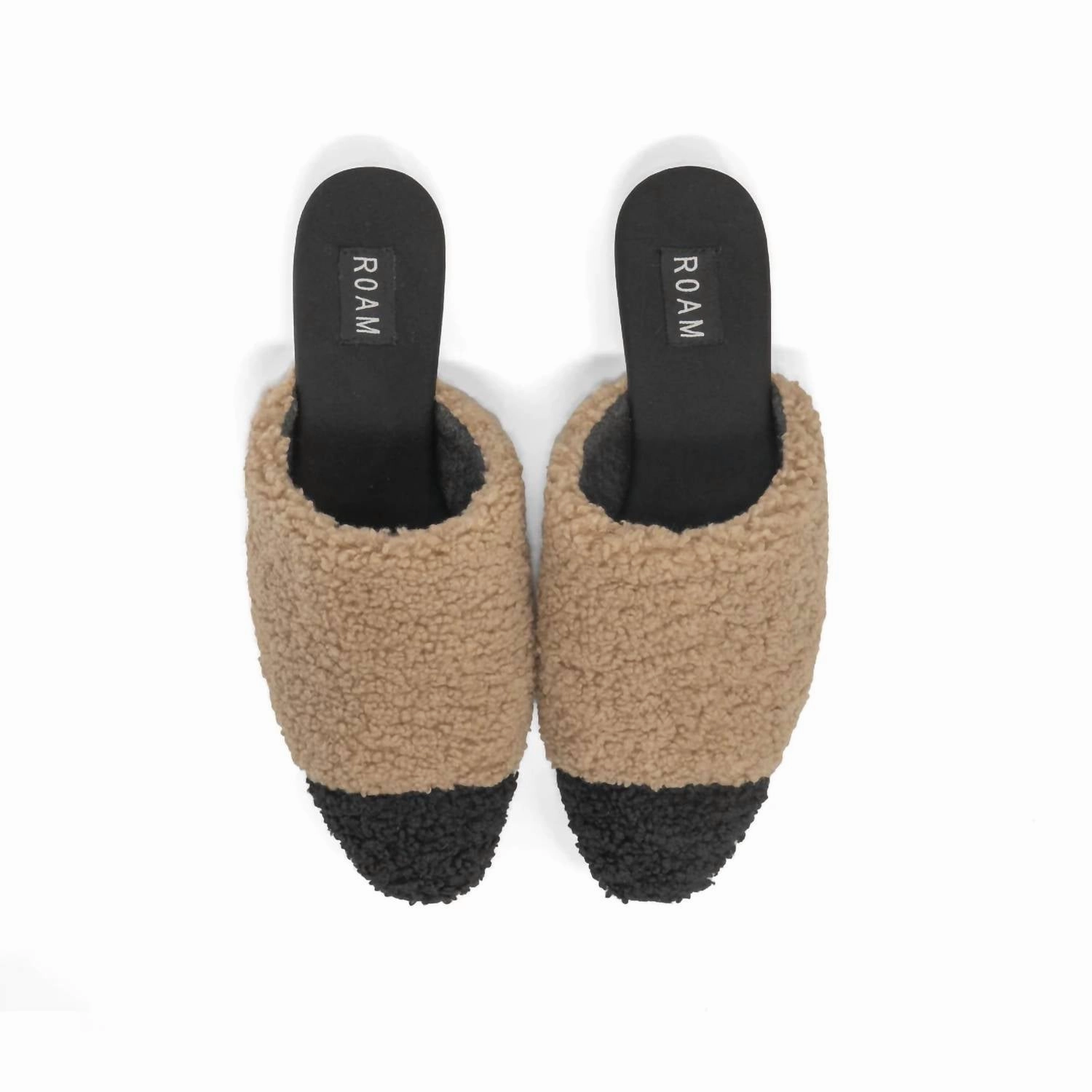 Bacteria Inhibiting Fabric Soft Step-On Women's Fuzzy Cap Mule With Faux Shearling In Black & Tan