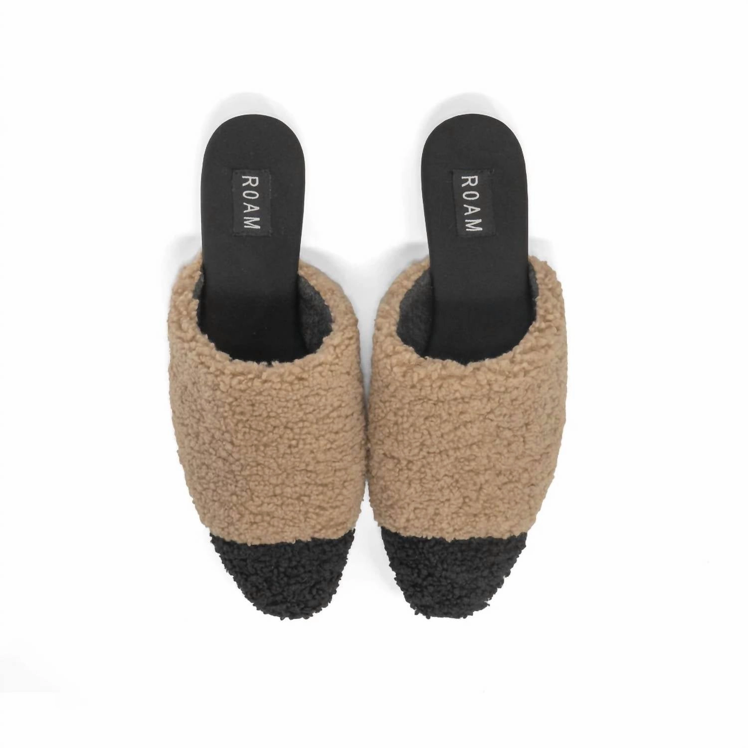 Women's Fuzzy Cap Mule With Faux Shearling In Black & Tan Reinforced toe Fashionable Slides