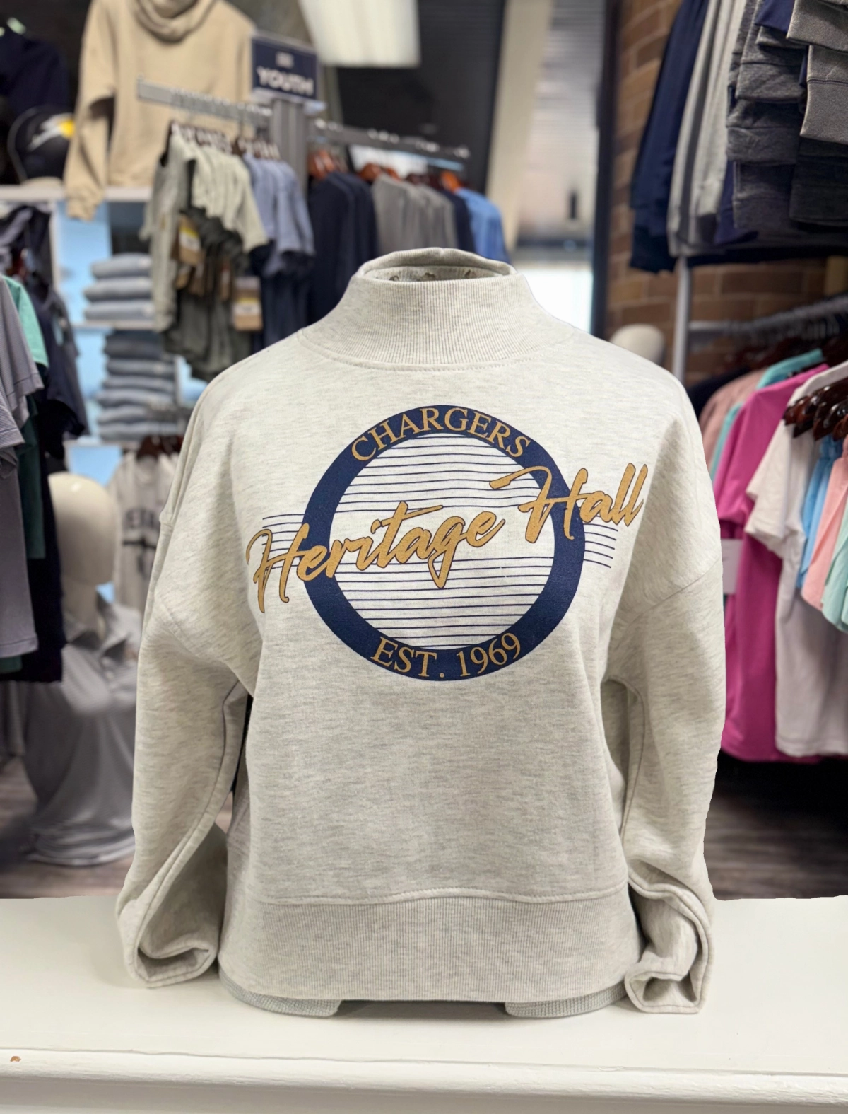 Women's mock neck sweatshirt, grey, retro logo good for yoga product cost effectiveness