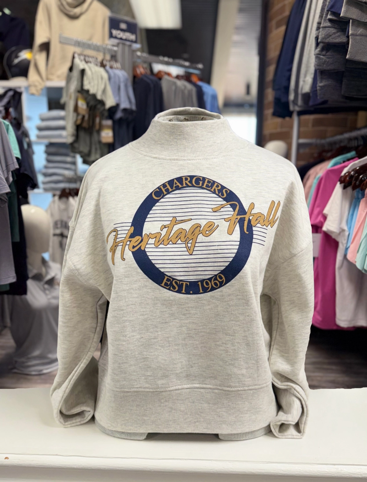 appropriate for autumn Women's mock neck sweatshirt, grey, retro logo