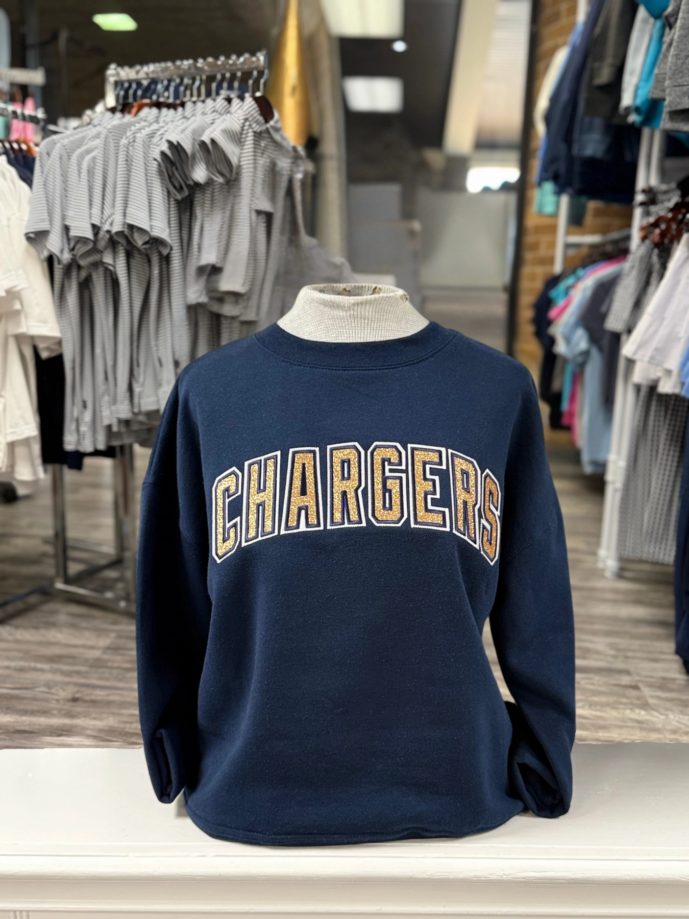 product stock Women's navy sweatshirt, gold glitter Chargers