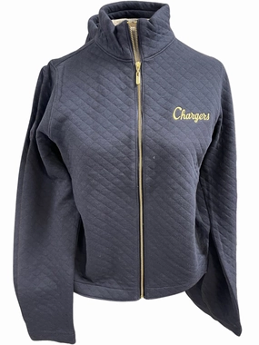 Women's quilted zip up jacket, navy, gold sccript Chargers Front Pocket