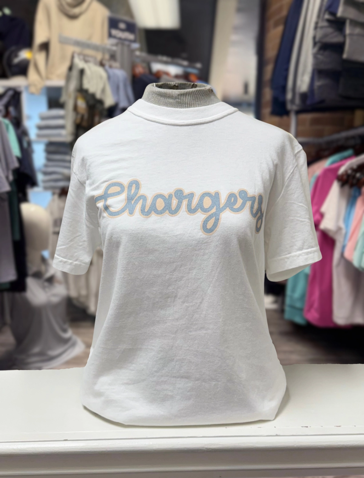 Reinforced Shoulder Women's T-Shirt, white, pale blue script Chargers