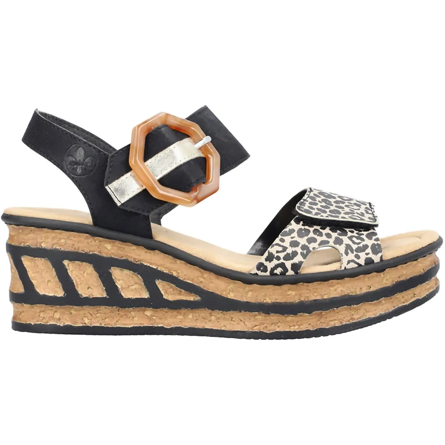 Women's Faux Leather Wedge Sandals In Ginger/schwarz/lightgold Anti Fatigue Technology Slip Resistant Sole