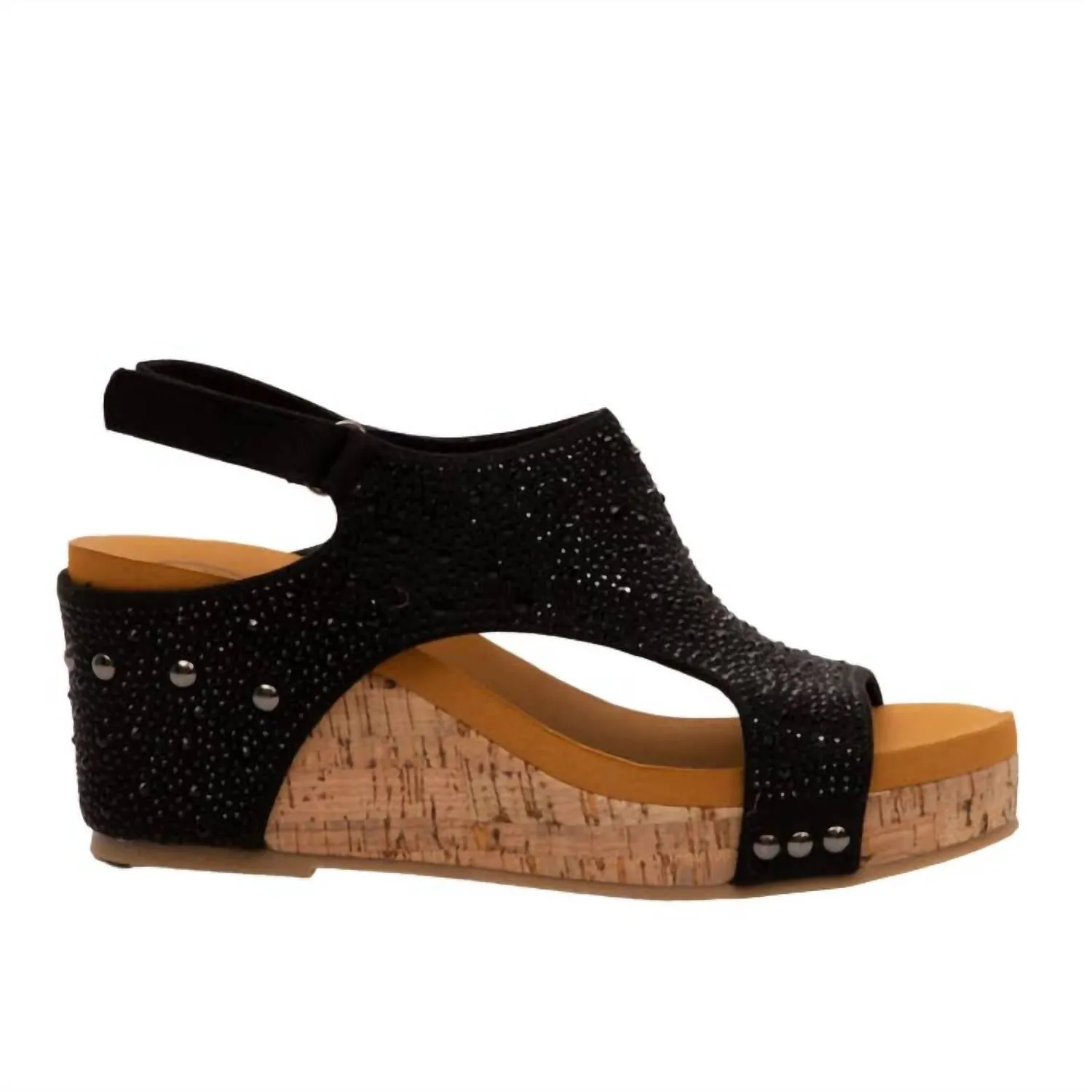 Trail Friendly Women's Rhinestone Slingback Cork Wedge Sandals In Black
