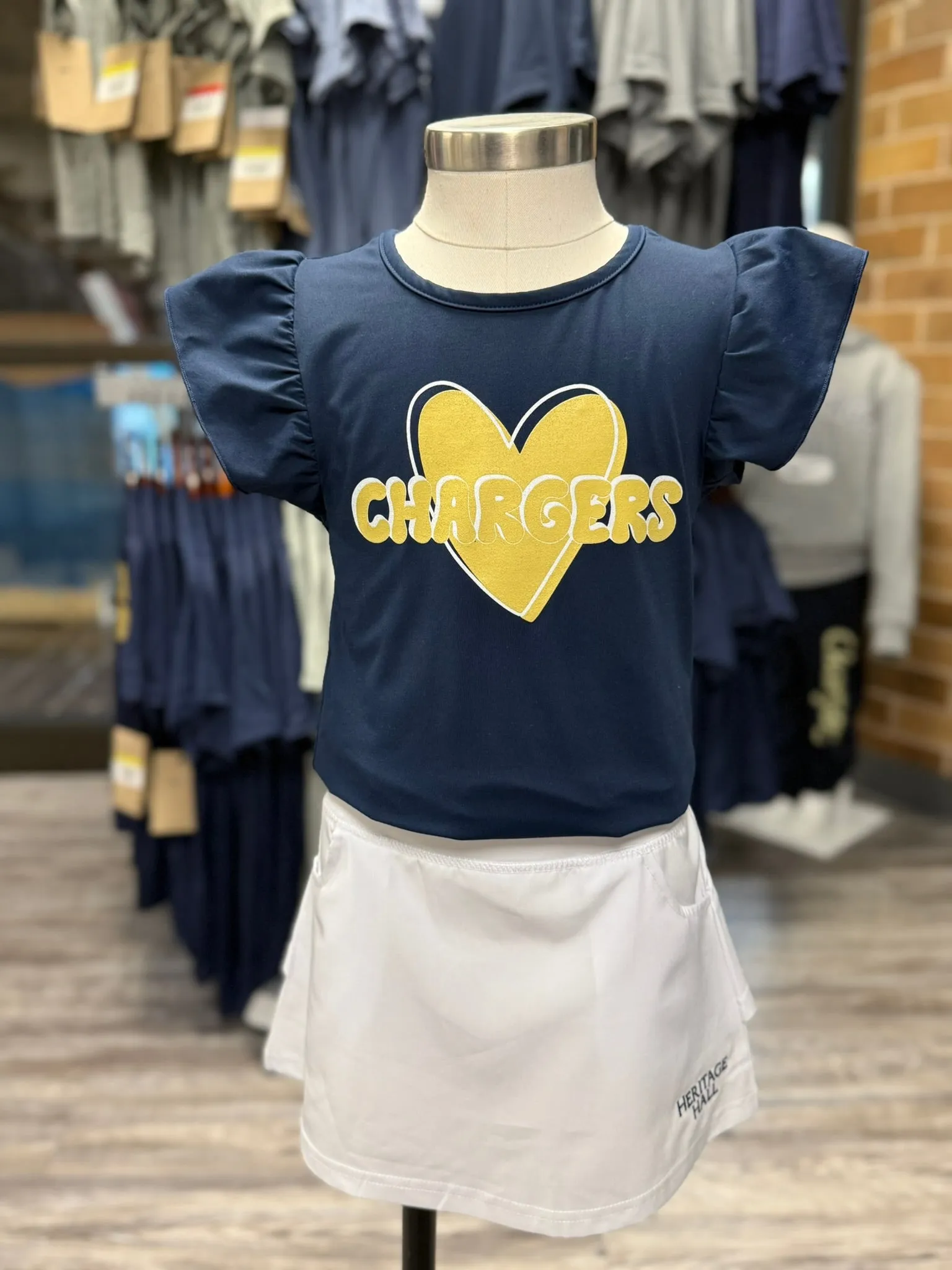 Youth Flutter sleeve navy shirt, heart Chargers Cozy Wear