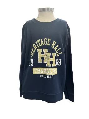 Youth sweatshirt, navy, crackle gold curved HER HALL, HH center Travel Active