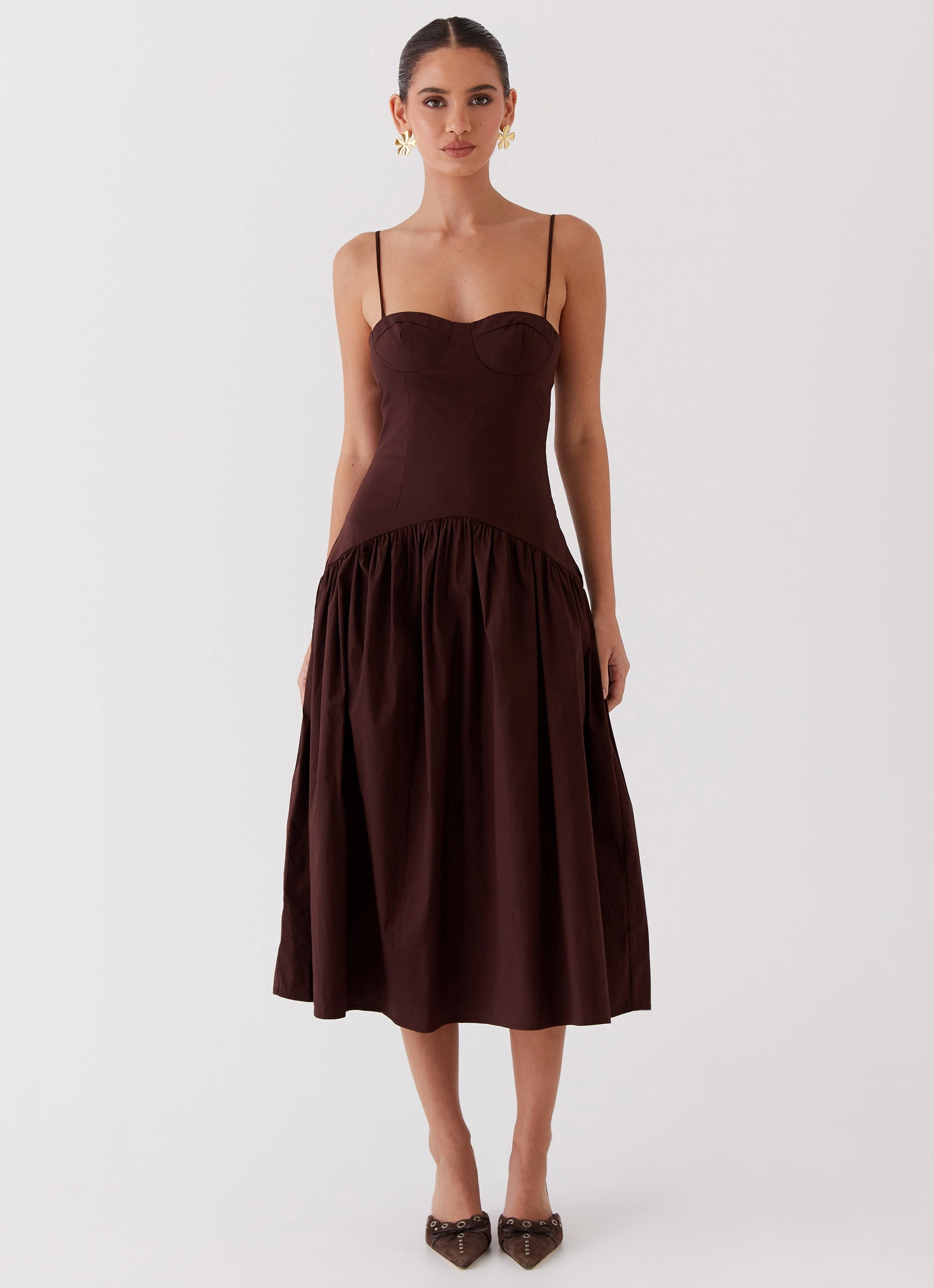 Matte Look Breathable-Lining Yvette Corset Midi Dress - Chocolate