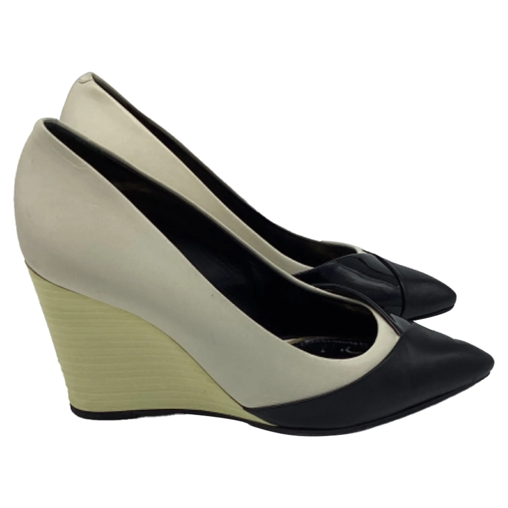 Lanvin Pointed Two-Toned Wedge Pumps in White and Black Leather Anti Bacterial Footbed